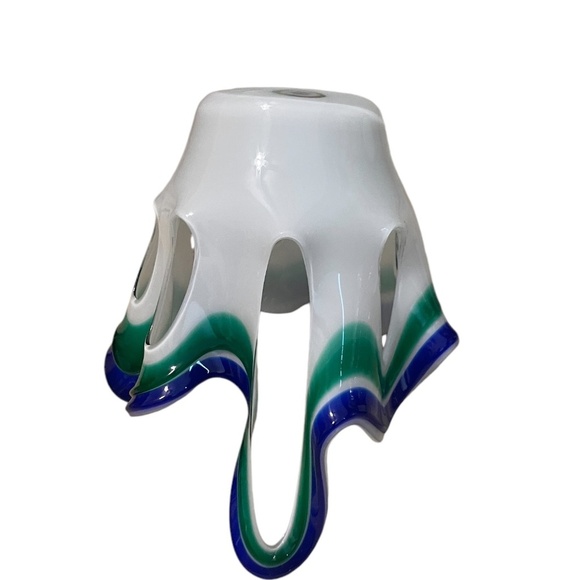 Mid Century Vintage Handmade Ruffle Blue and White Artistic Glass Vase, - Picture 9 of 11